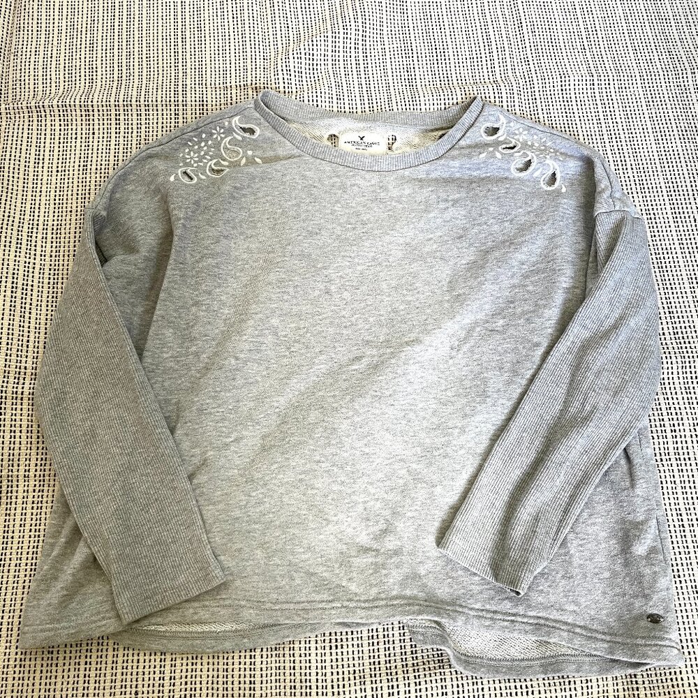 American Eagle Heather Grey Sweatshirt with Paisley Cutouts